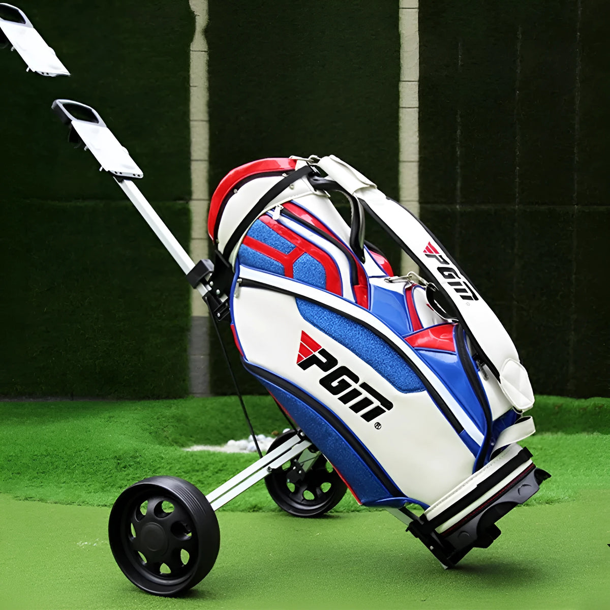 Foldable aluminium alloy golf cart with two wheels, shown with black and white wheels and a push-pull trolley frame.