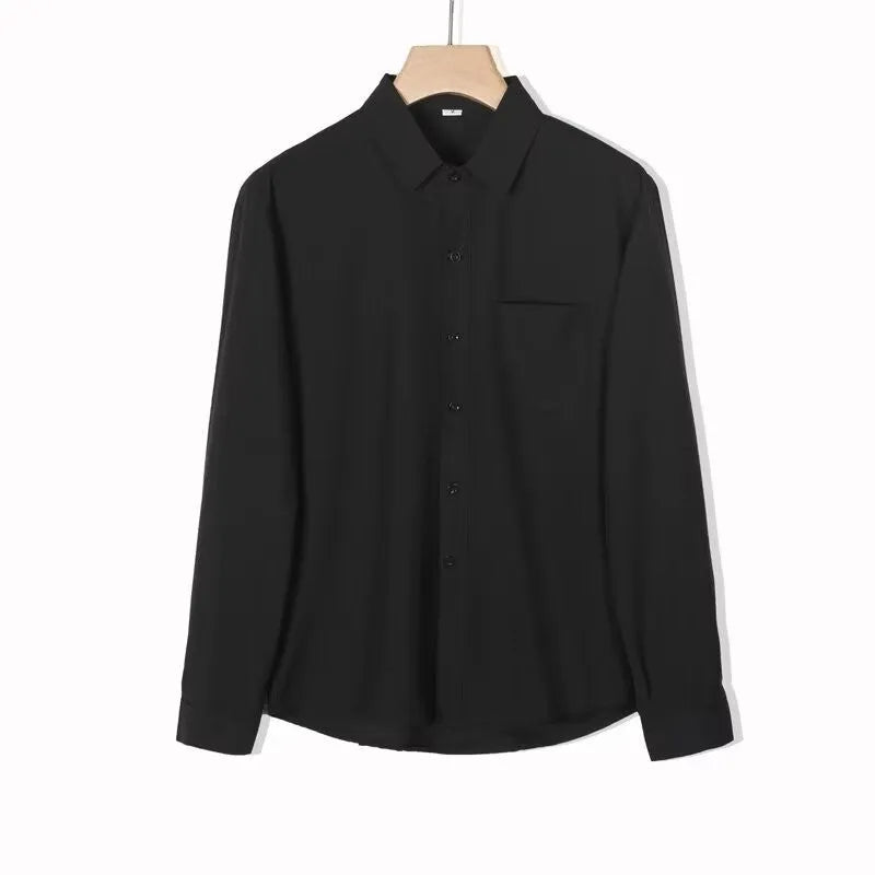 Korean-style loose fit men's long-sleeved shirt in linen and silk blend, solid colour, sizes S to 4XL