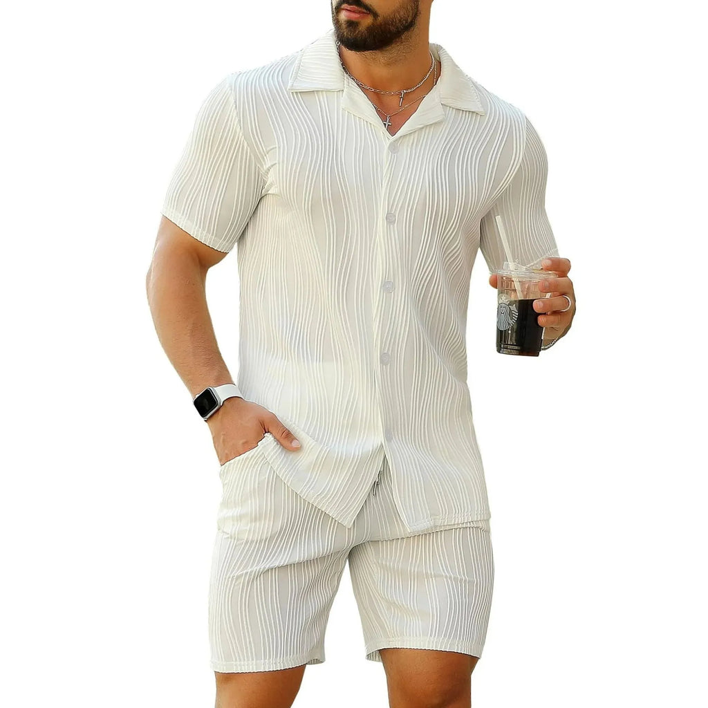 Men's black wave pattern shorts suit with short sleeve top and matching shorts
