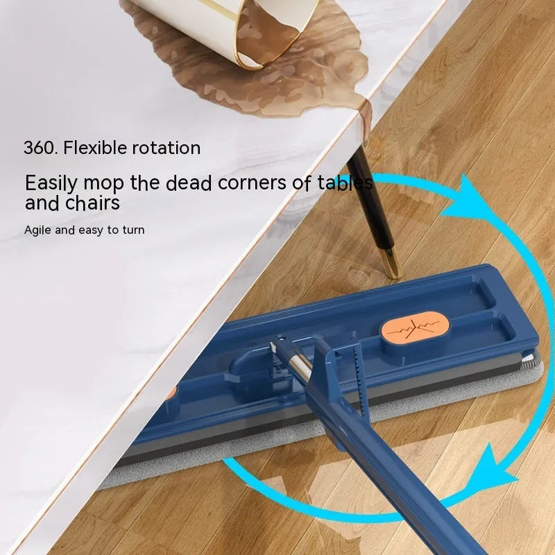 Large blue flat mop with a long silver handle showing the rotating head and built-in dewatering scraper.