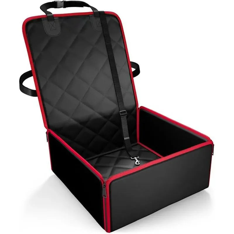 Large black dog car front seat pad with non-slip base on a car seat