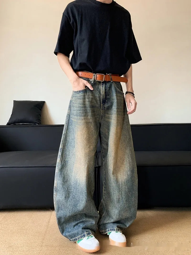 Men's retro blue distressed wide-leg jeans with slimming fit and zipper fly