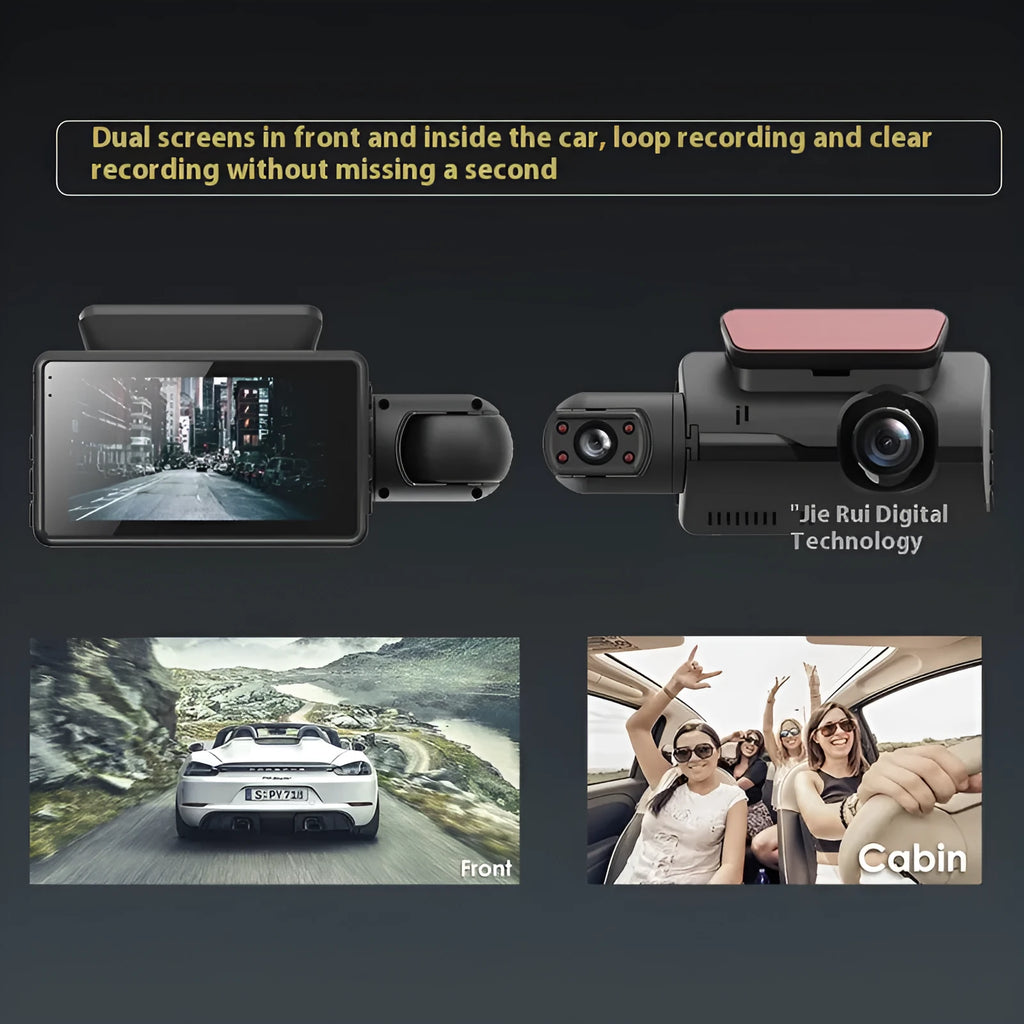 Black 3-inch dual lens car driving recorder with motion detection and WiFi