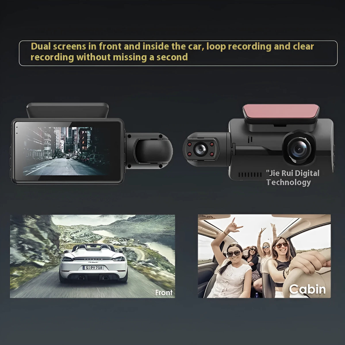 Black 3-inch dual lens car driving recorder with motion detection and WiFi