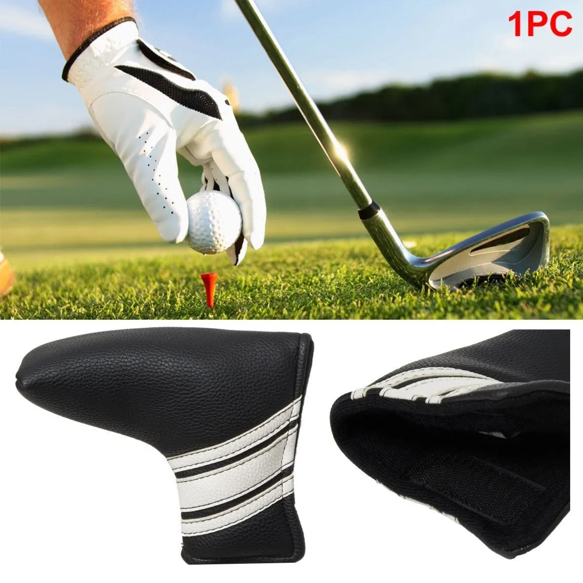 Black PU leather golf push rod case sleeve for protecting club heads.
