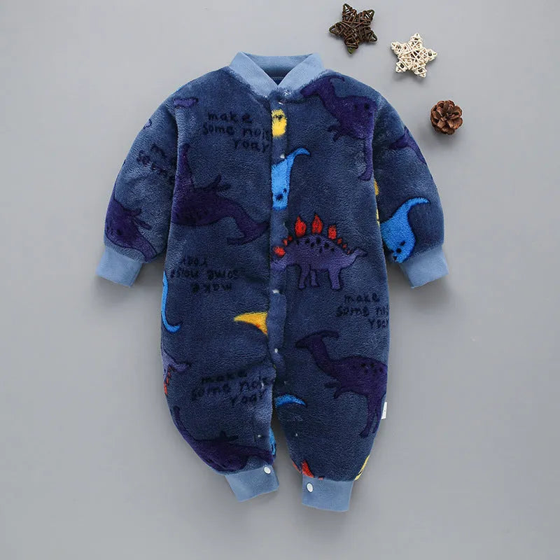 Autumn winter thickened flannel baby romper in Blue Dinosaur pattern on light background