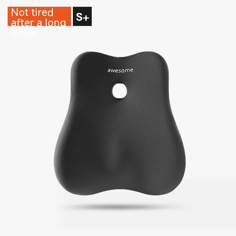 Black lumbar support pillow with memory foam filling and a textured imitation brocade cotton cover for car and office use.
