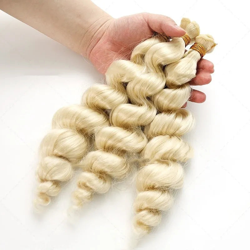 Golden women's wig with wefted chemical fibre construction shown in three length options