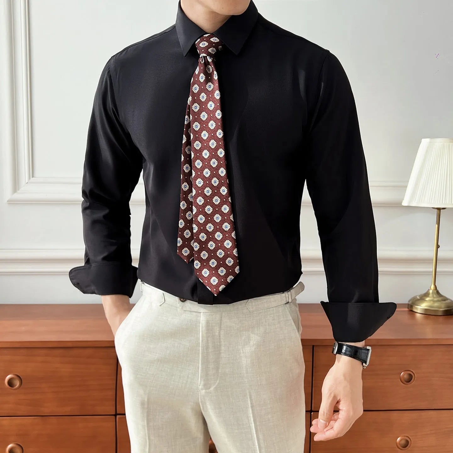 Seven-colour men's long-sleeved business shirt in polyester slim fit cardigan style for office commute
