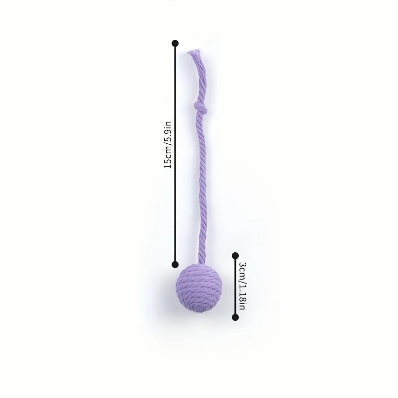 Cat toy ball with rope attached in green, pink, purple or yellow colour with internal bell