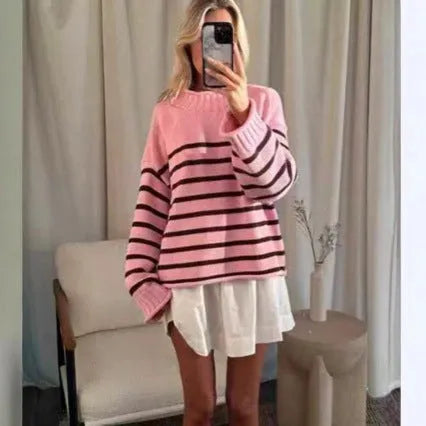 Pink chenille stripe knitted pullover loose fit women's sweater with round neck and long sleeves on white background