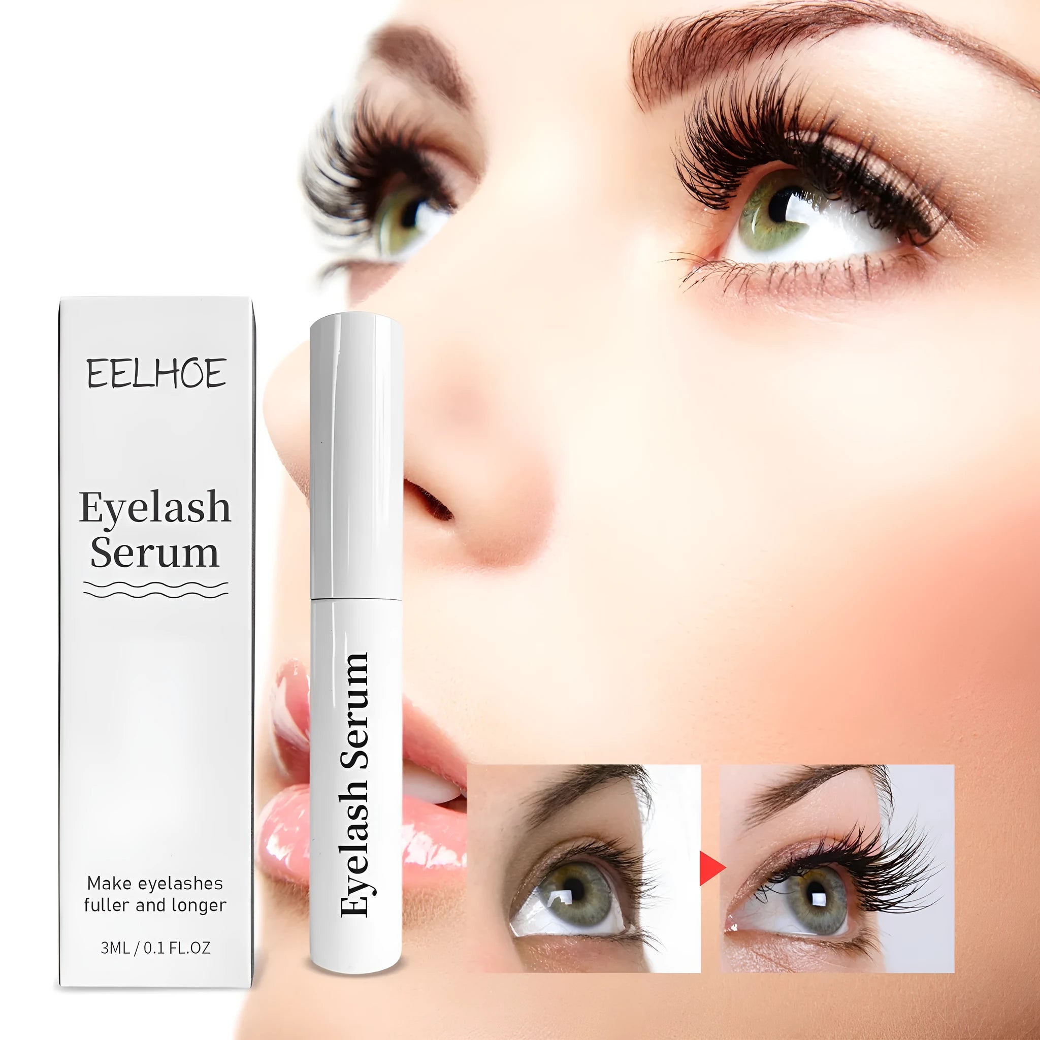 3 ml bottle of black eyelash growth serum with a brush applicator.