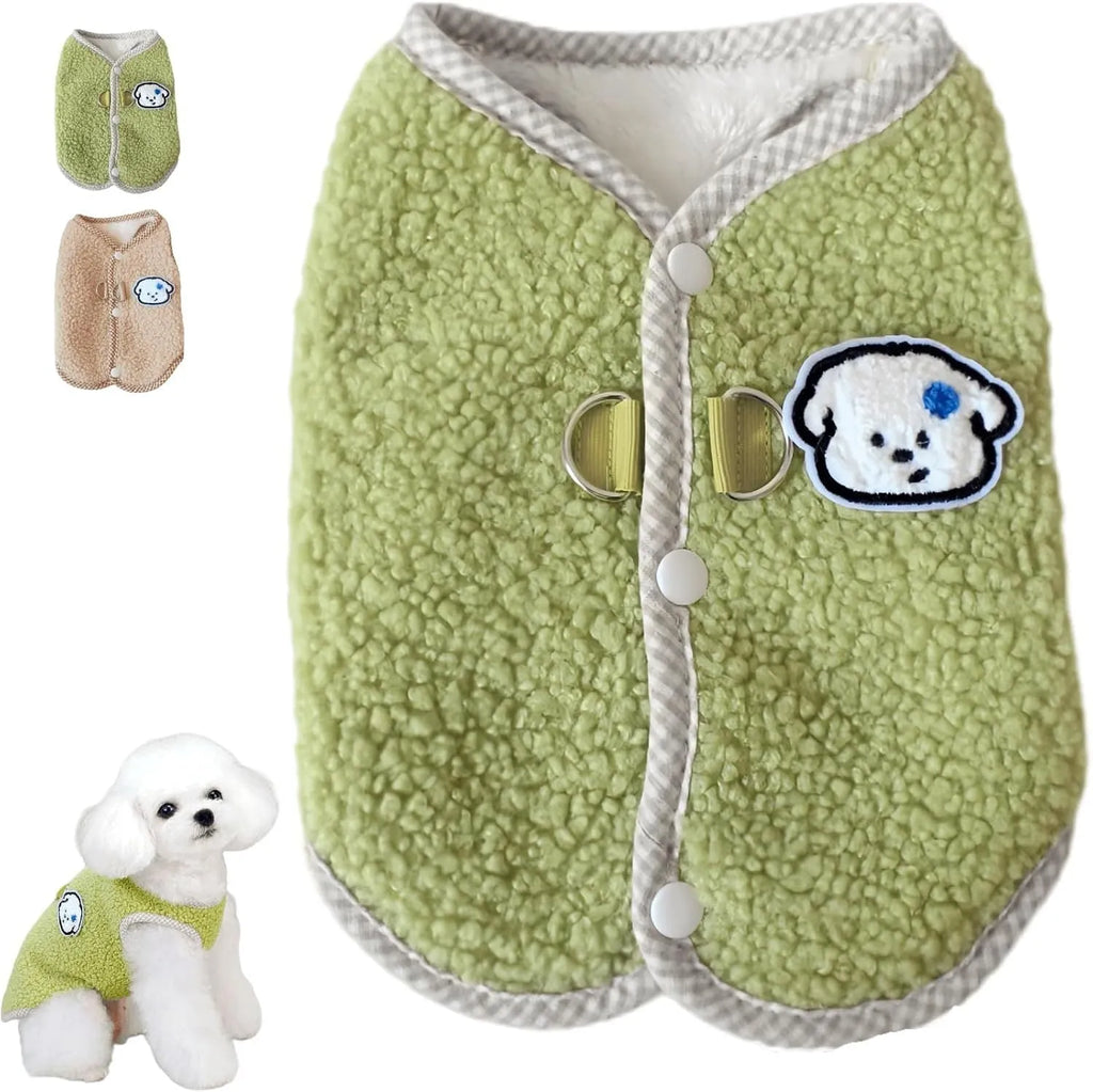 Green coral fleece dog vest with leash ring on back for small dogs