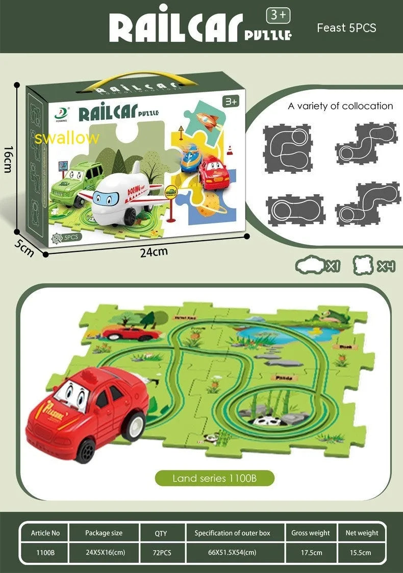 Children puzzle electric railroad speeder DIY assembly track set with automatic car and plastic pieces in multiple themes