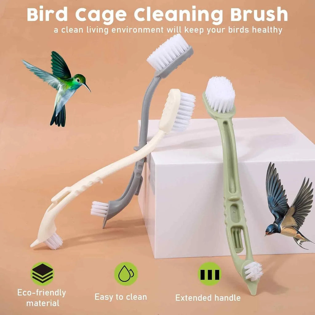 Bird cage cleaner with two plastic brush heads on a long handle in beige, blue, and green colours