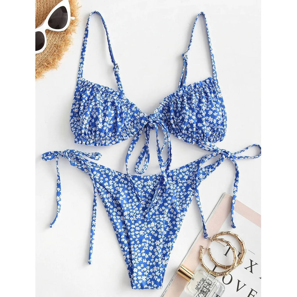Blue printed women's bikini swimsuit with rope banding, lapel collar and short sleeves
