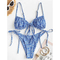 Blue printed women's bikini swimsuit with rope banding, lapel collar and short sleeves