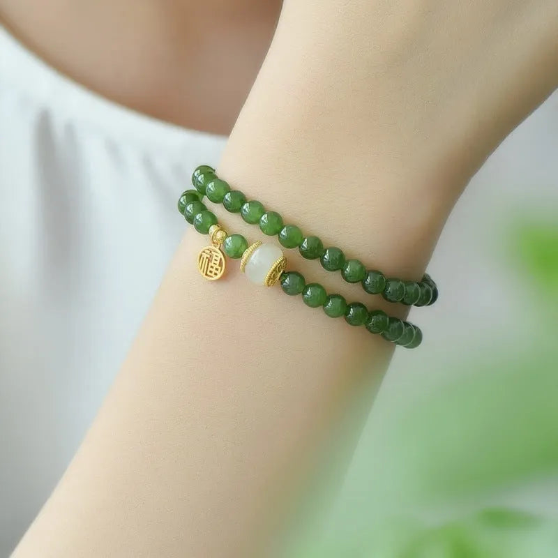 Women's double circle Hetian jade bracelet with fu character in original geometric design
