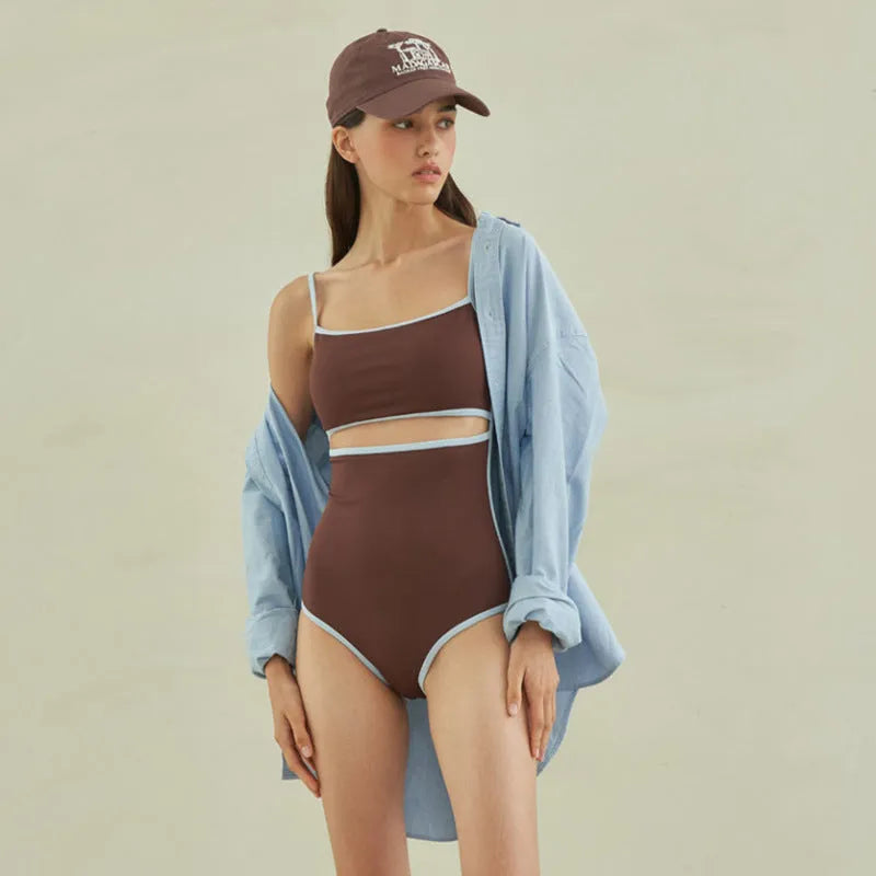 Brown triangle one-piece swimsuit for women with sexy pattern style