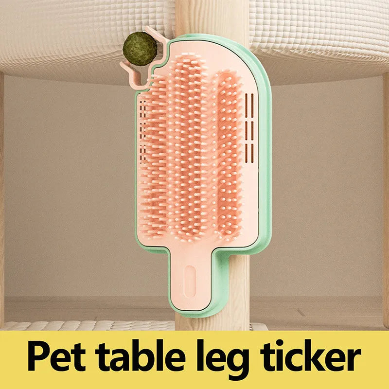 PP plastic pet scratching groomer with mint-scented ball and feather attachment on textured base