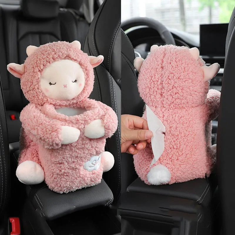 Plush car tissue box and trash can two-in-one unit in pink soft rabbit design on car centre console