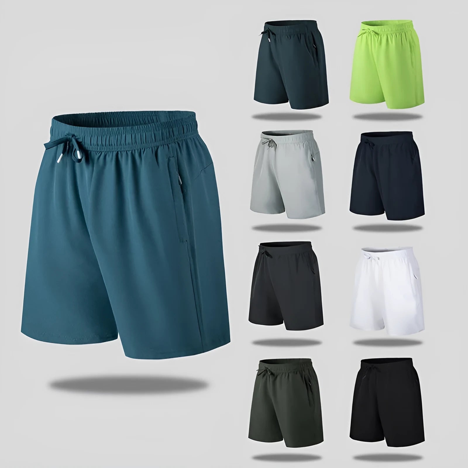 Man wearing loose-fit black quick-dry sports shorts made from polyester ice silk fabric.