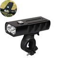 Black rechargeable bicycle headlight with aluminium alloy body and 360-degree bracket on handlebars