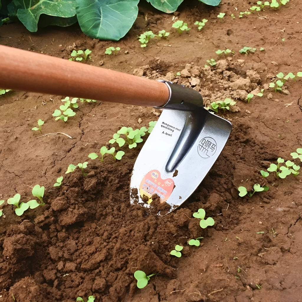 Agricultural pointed flat hoe tool with a steel horse tip for ploughing and weeding.
