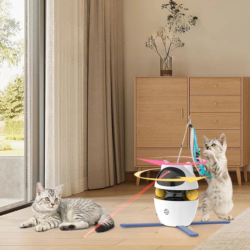 White automatic rotating electronic cat toy with elastic rope funny stick for indoor cats