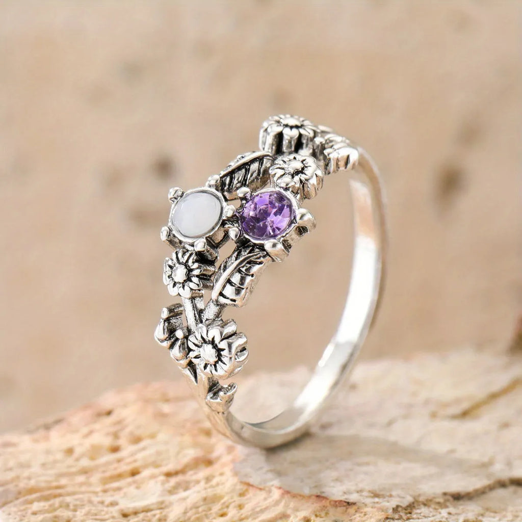 Silver zinc alloy flower ring with purple gemstone for women, available in sizes 6 to 10