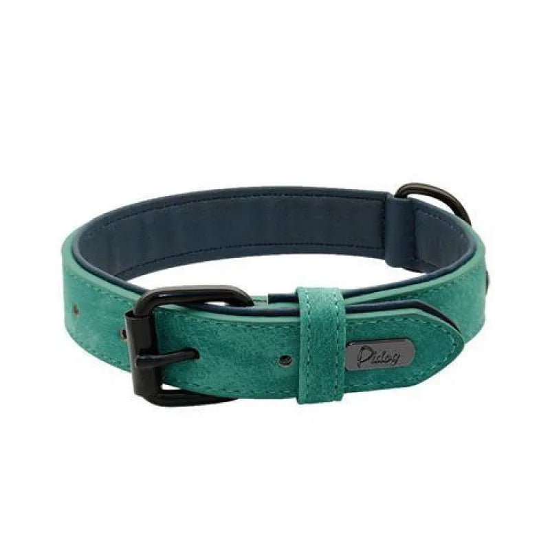 Adjustable dog collar with buckle fastening in purple colour showing double-layer construction