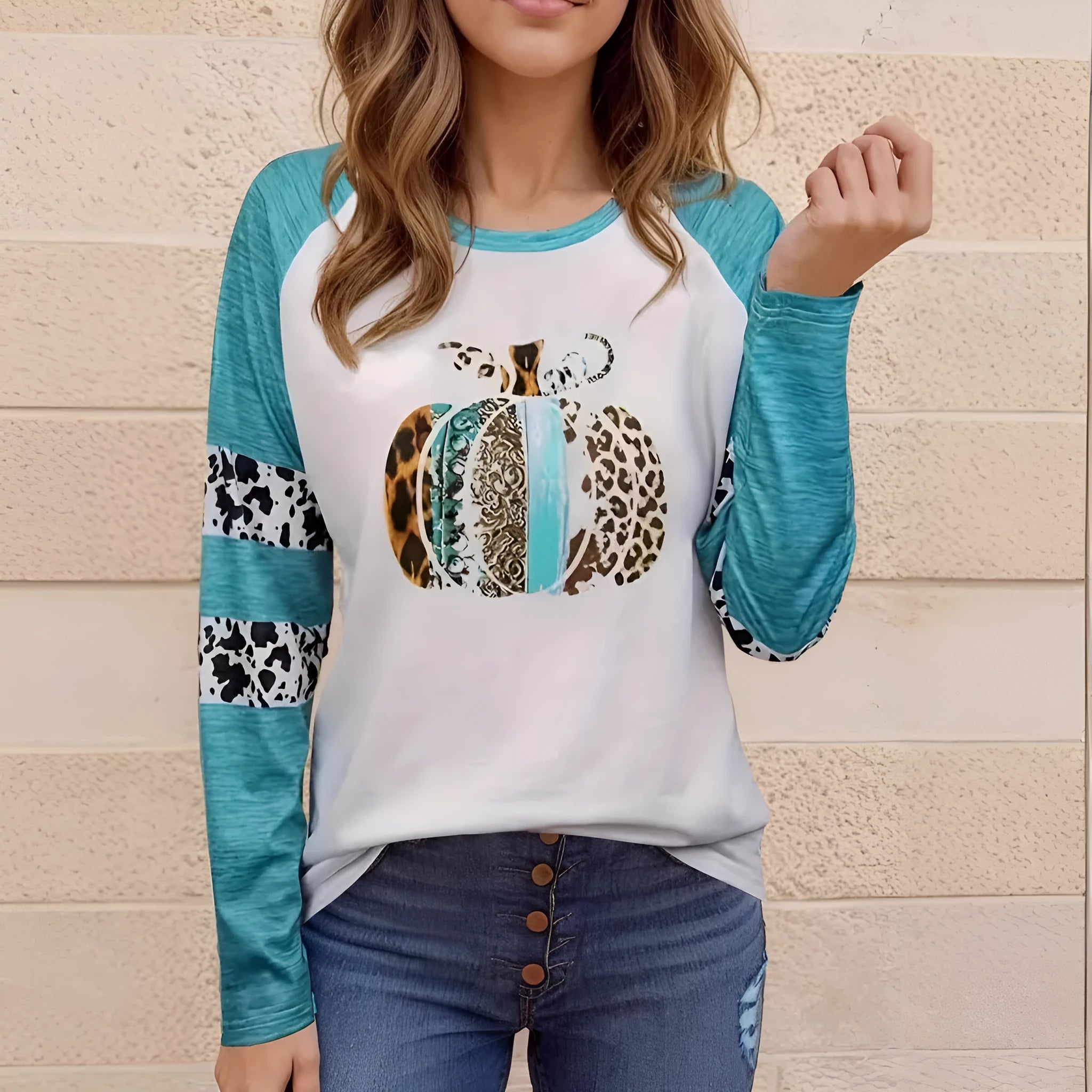 Sky blue Halloween T-shirt with 3D printed pumpkin design, long sleeves, regular fit