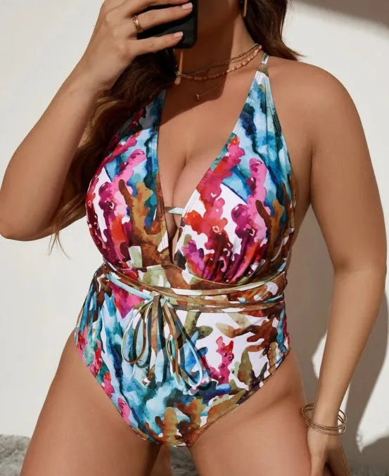 Purple halter-neck one-piece swimsuit with solid colour design for adult women