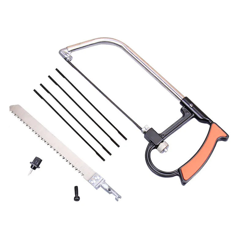 Seven-in-one alloy steel hand saw set with interchangeable blades on a wooden workbench