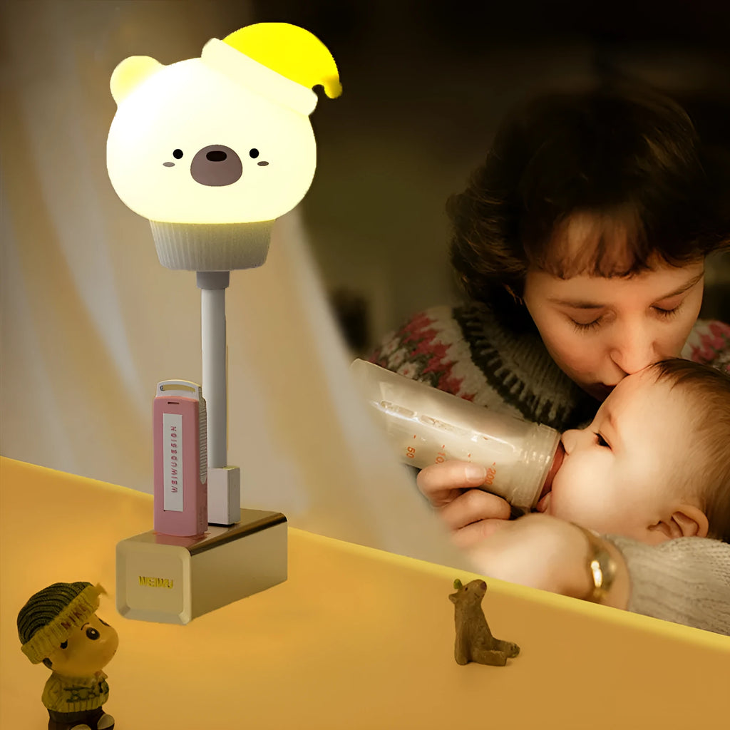 Cartoon animal-shaped USB LED night light in bear design with remote control.