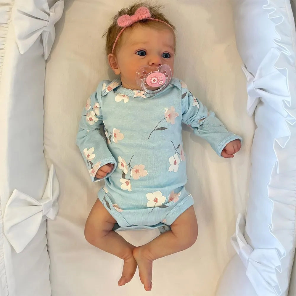 48cm soft rubber simulation baby doll in blue floral clothing with bottle and pacifier accessories