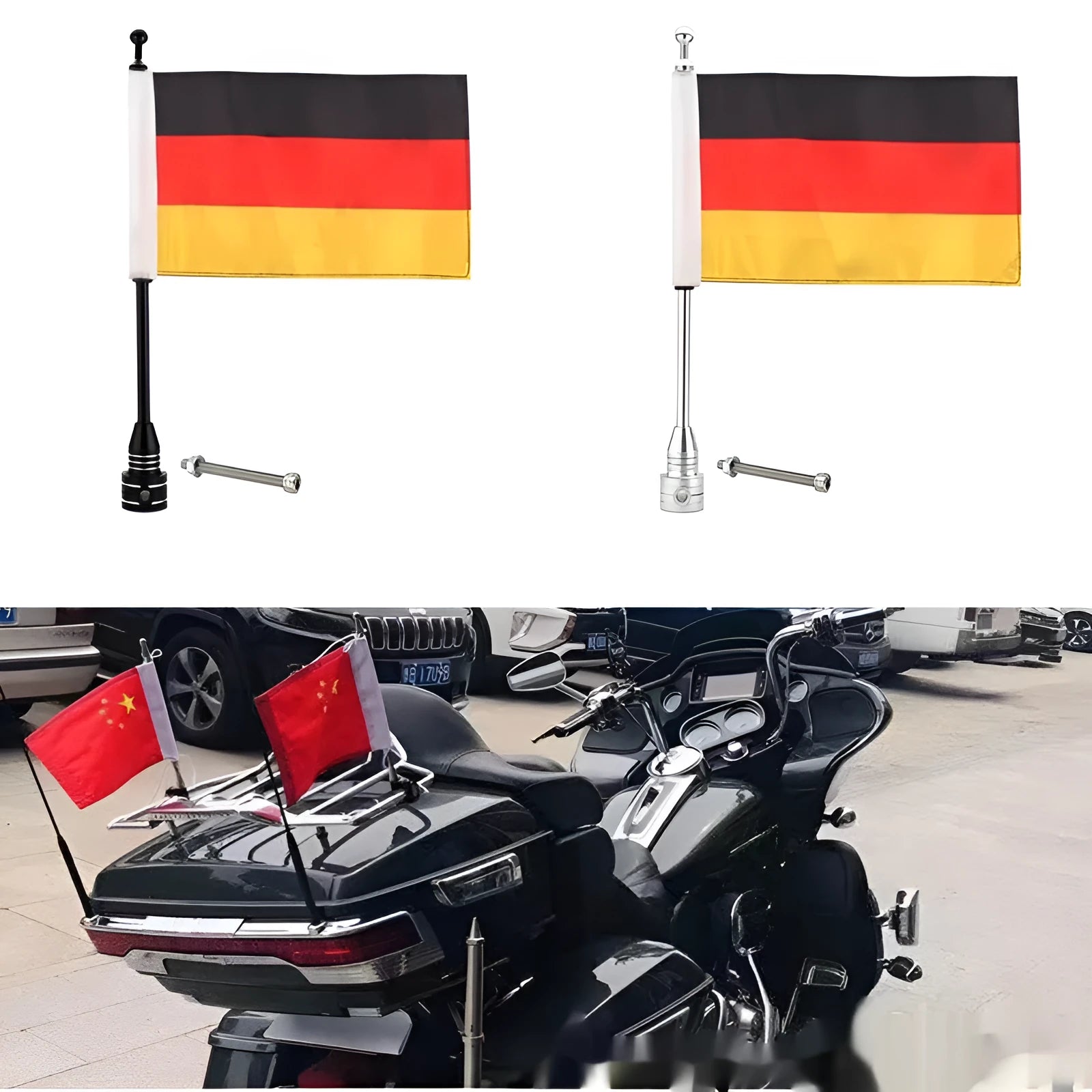 Motorcycle tail box side bumper flagpole in black and silver finishes