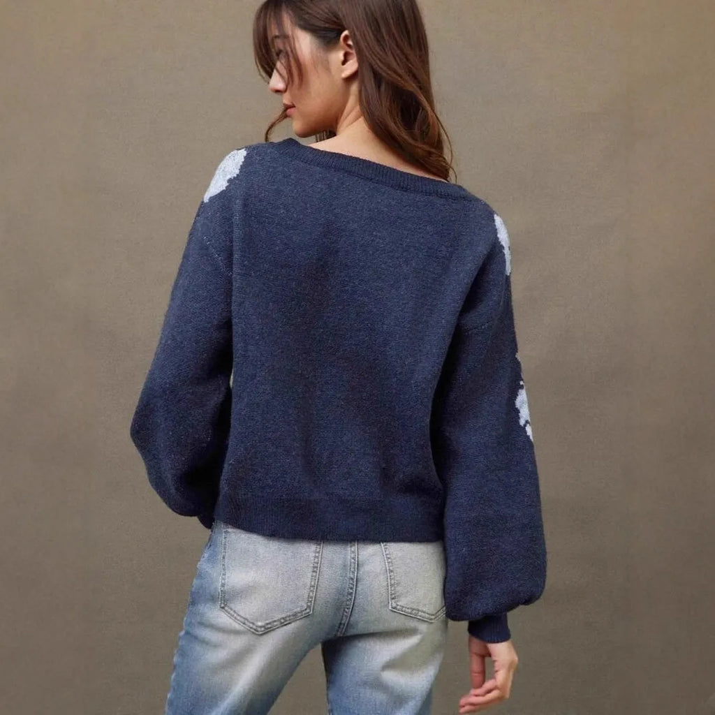 Sapphire blue women's pullover with floral jacquard pattern, loose fit, and off-neck design