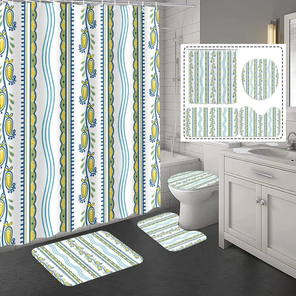 Bomi printed polyester shower curtain and anti-slip floor mat set in modern simplicity style, multiple colours