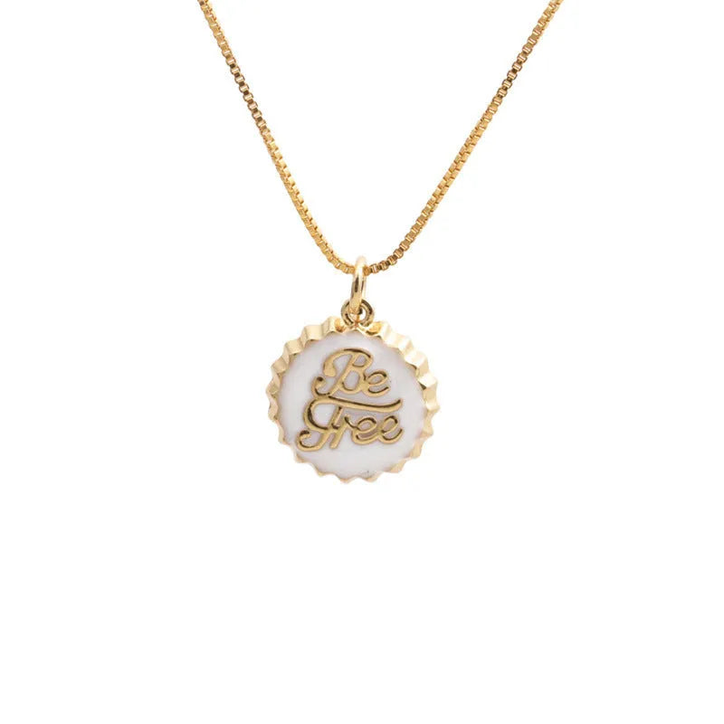 Gold plated copper bottle cap pendant necklace on a 40cm box chain.