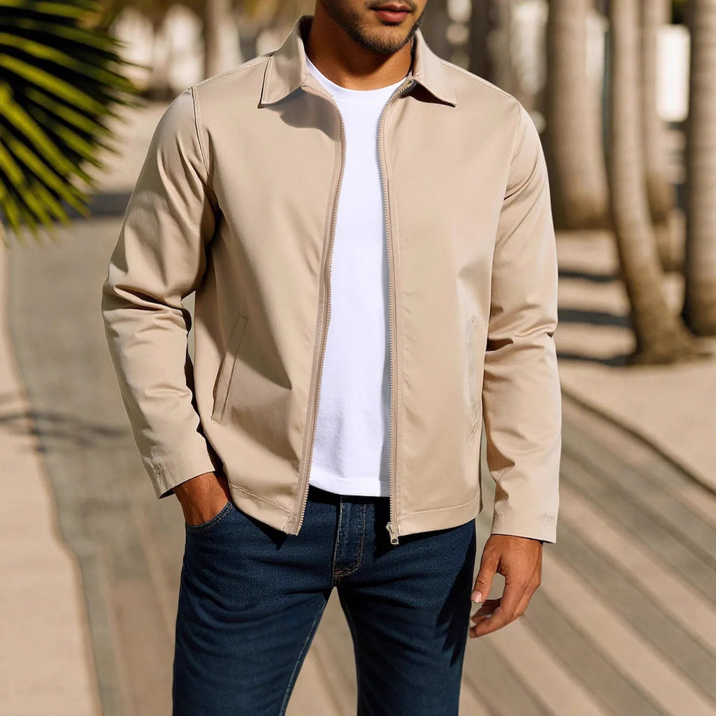 Men's green zip-up cardigan jacket with raglan sleeves laid flat.