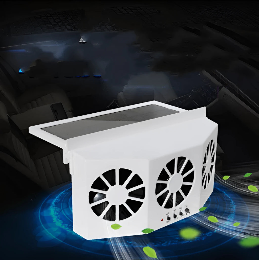 Solar car exhaust fan with three air outlets, black, mounted on a GM vehicle window with plastic strips