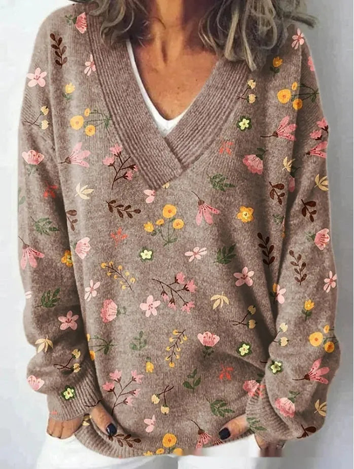 Women's V-neck floral print sweatshirt with 3D effect and long sleeves in an art retro style.