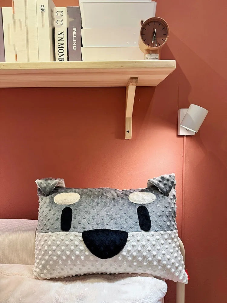 Rectangular grey schnauzer pattern dog pillow on a sofa, showing dimensions of 50 cm by 35 cm.