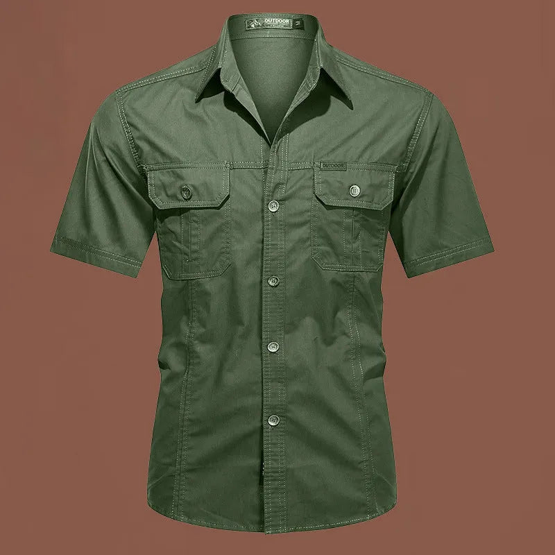 Men's army green short sleeve cotton work shirt with a loose cardigan fit on a hanger.