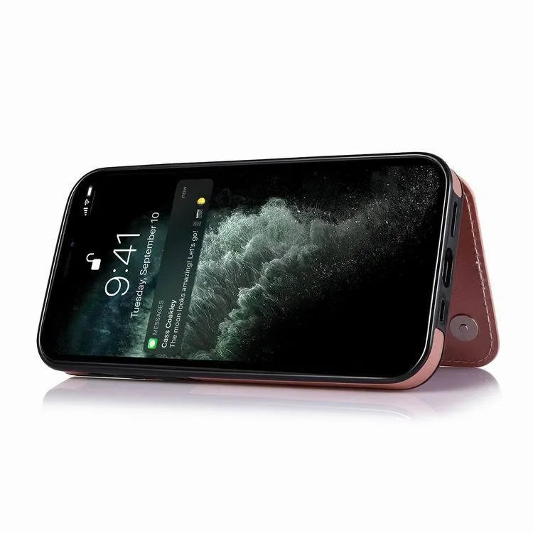Crazy horse pattern PU TPU double buckle bracket phone case for iPhone 13 Pro Max in brown colour