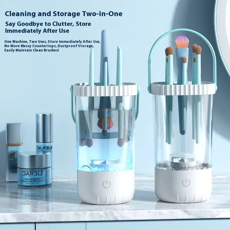 White plastic rechargeable electric cleaning brush for makeup brushes with data cable.