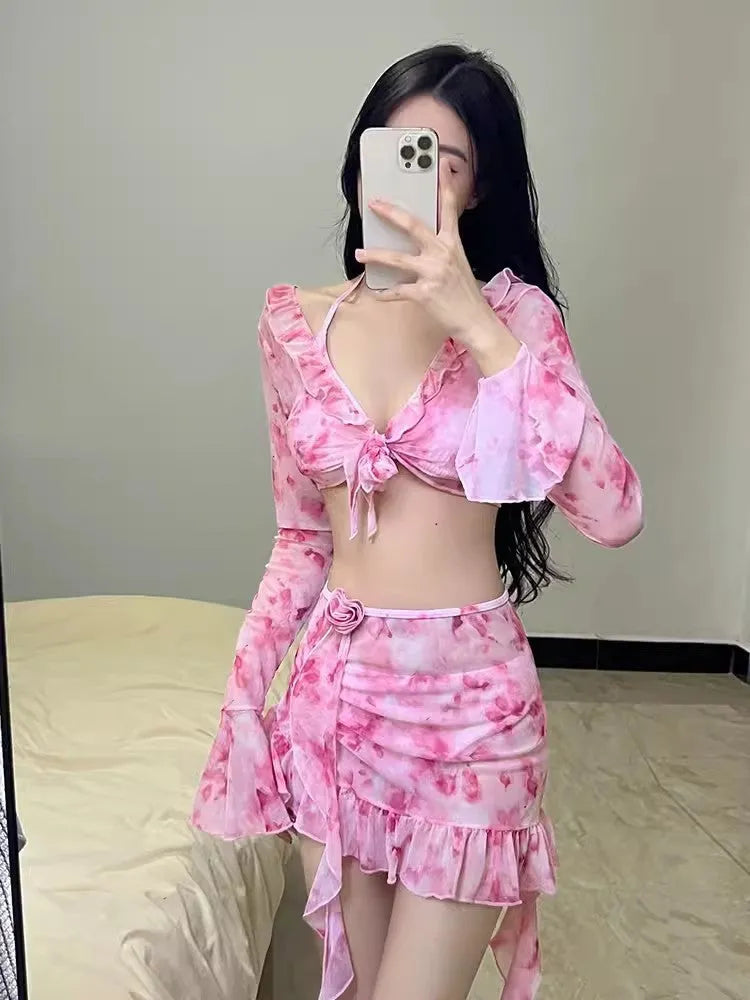 Women's floral bikini swimsuit set in cherry blossom pink colour with polyester fabric