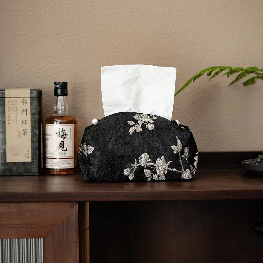 New Chinese style brocade fabric tissue box with embroidered white plum design and optional pearl buckle