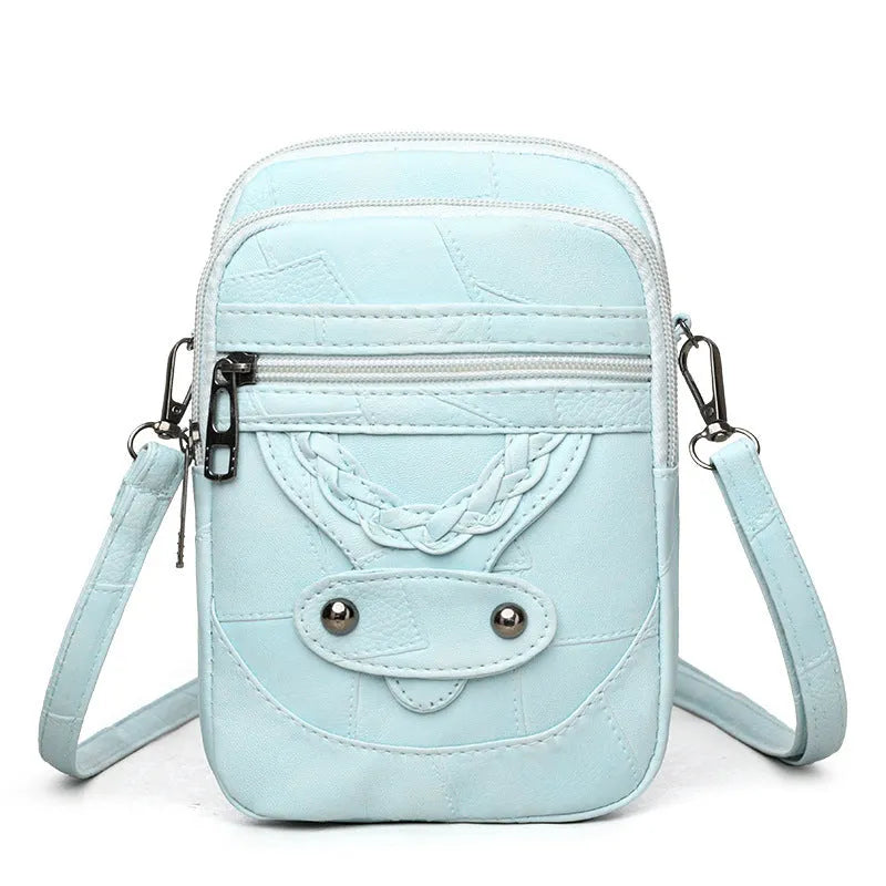 Soft PU leather mobile phone bag with square vertical design and retro weaving elements in choice of four colours